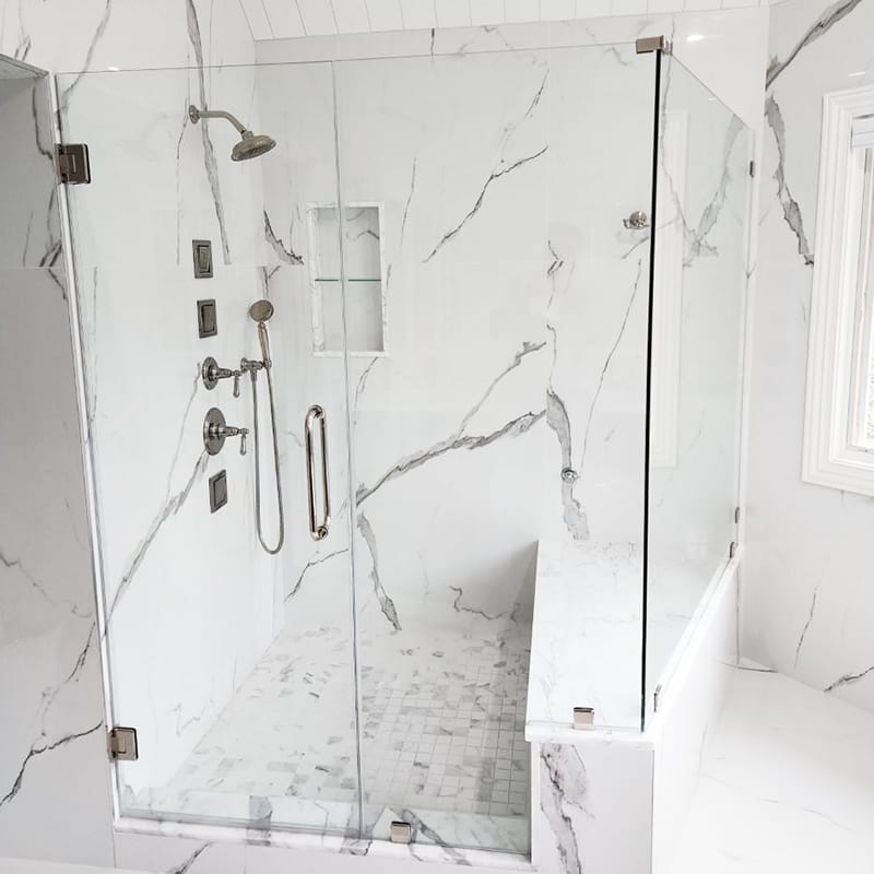 90-degree frameless shower door with corner glass enclosure installed by CA Glass in New Jersey