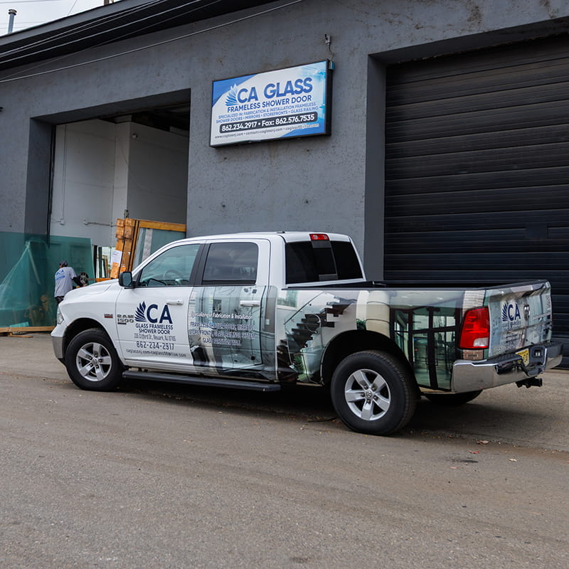 CA Glass showroom in East Hanover, New Jersey displaying custom frameless glass shower doors and premium glass design options
