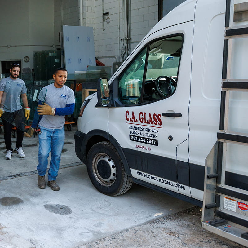CA Glass showroom in Maplewood, New Jersey displaying custom frameless glass shower doors and premium glass design options