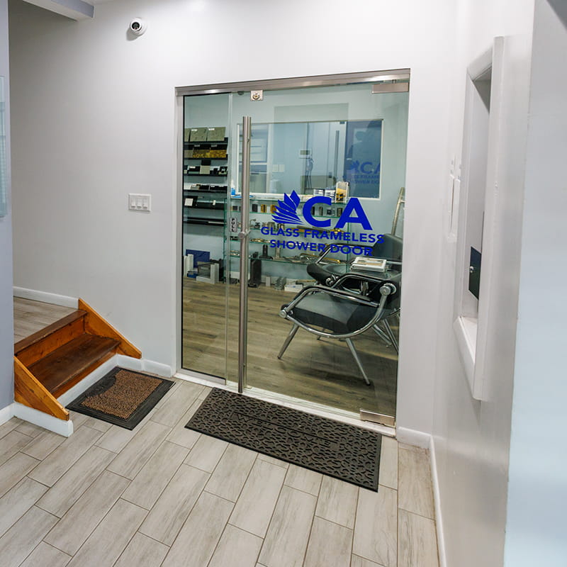 CA Glass showroom in Montclair, New Jersey displaying custom frameless glass shower doors and premium glass design options