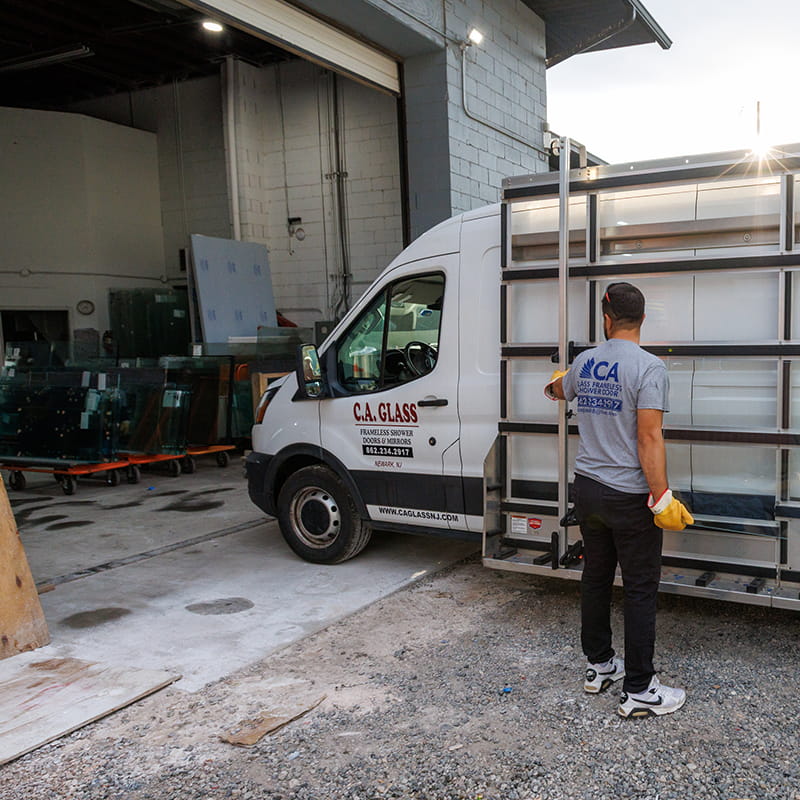 CA Glass showroom in Westfield, New Jersey displaying custom frameless glass shower doors and premium glass design options