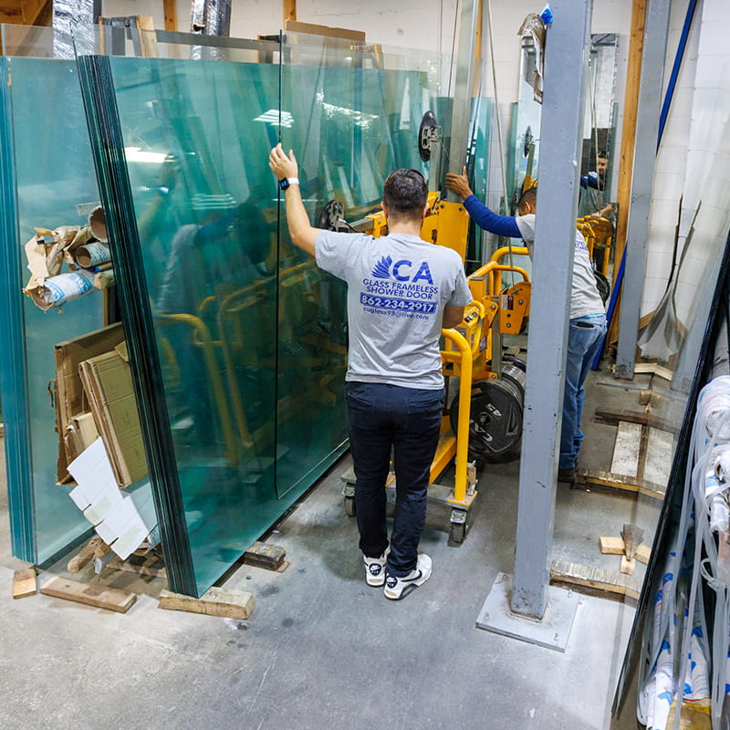CA Glass team fabricating a custom frameless glass shower enclosure for a Maplewood, New Jersey home
