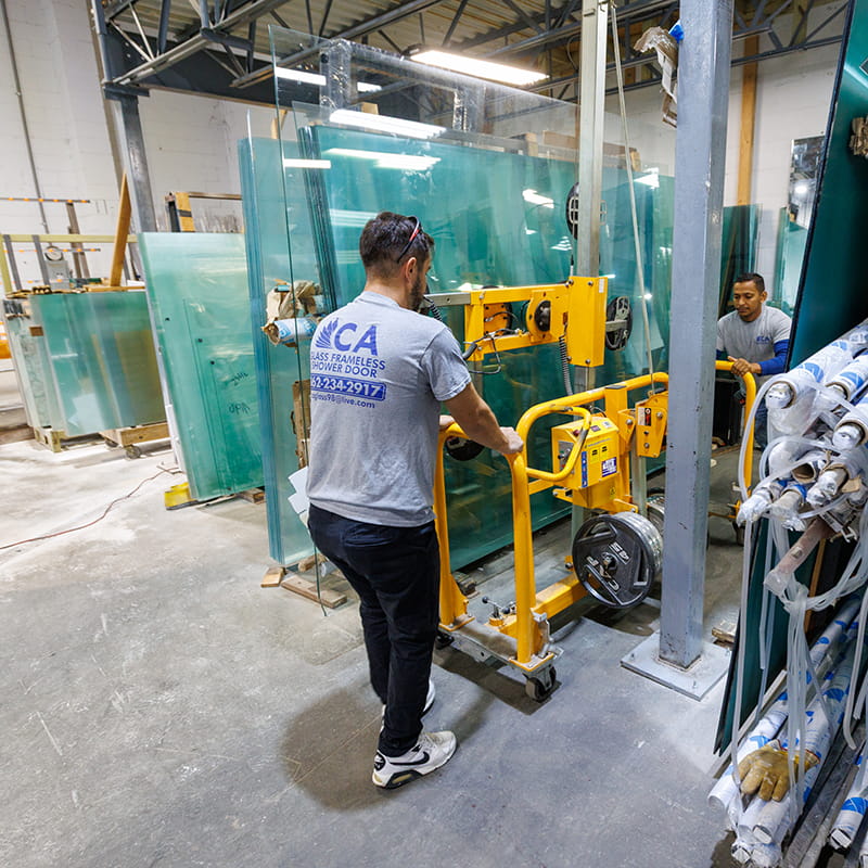CA Glass team fabricating a custom frameless glass shower enclosure for a Montclair, New Jersey home