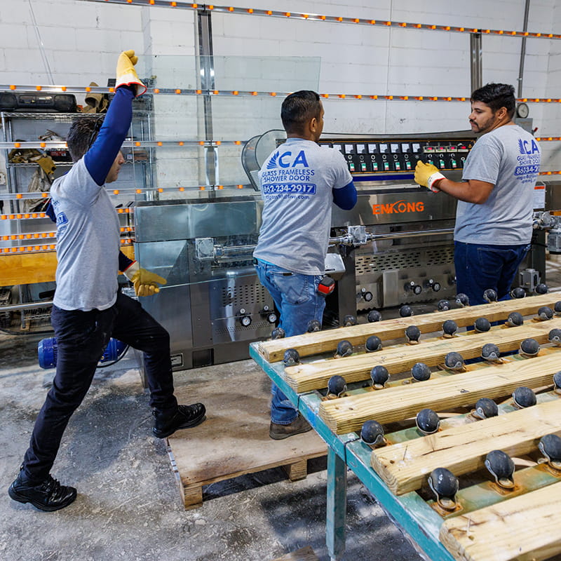 CA Glass team fabricating a custom frameless glass shower enclosure for a Newark, New Jersey home