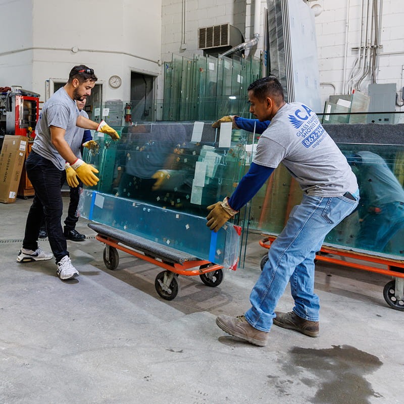 CA Glass team fabricating a custom frameless glass shower enclosure for a Westfield, New Jersey home